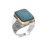 Silver Turquoise Zircon Stone Square Men's Ring